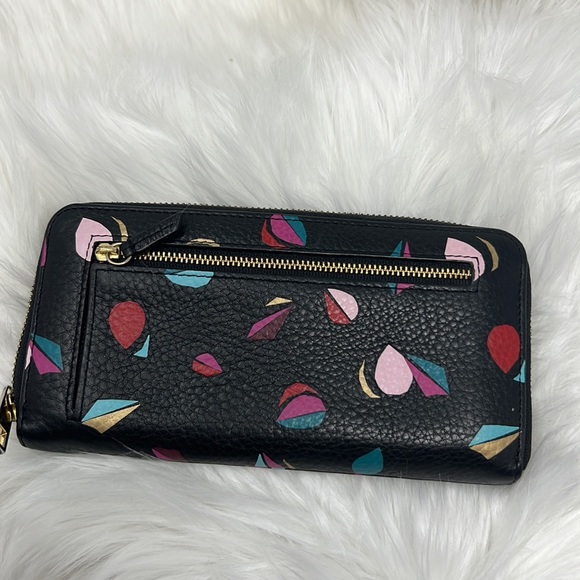 Fossil Leaf Print Wallet Black Pebbled Grain Zip Around Card Slots - Picture 3 of 8